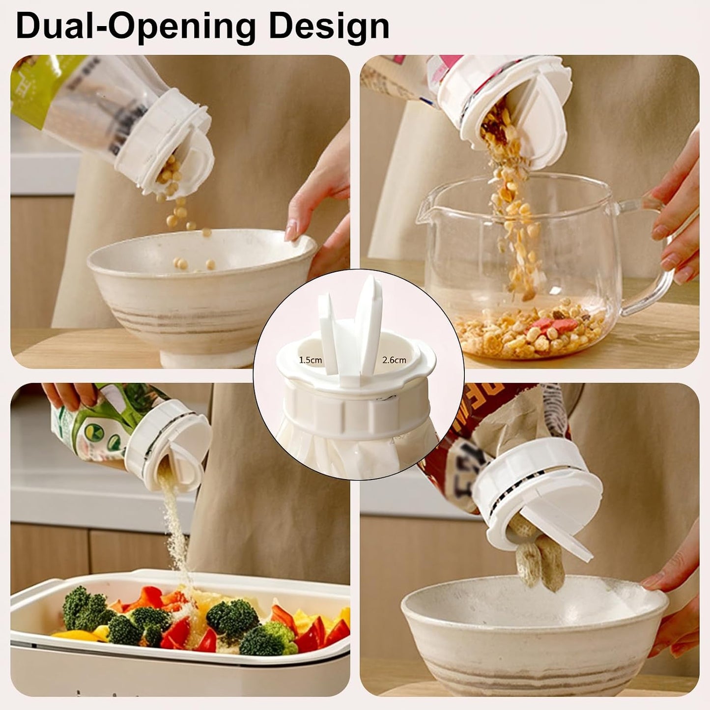Bag Seal With Pour Spout, Reusable Airtight Bag Closure with Dual Pour Spouts, Plastic Bags Seal Cap for Flour, Cereal, Pet Food, Snacks, Kitchen Storage Organization Accessory