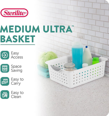 Sterilite 6-Pack Medium Ultra Basket, Open Top Plastic Storage Organizer, White - Classic Baskets for Organizing Countertops, Pantry Shelves, Kitchen Cabinets, Laundry Rooms or Home Offices