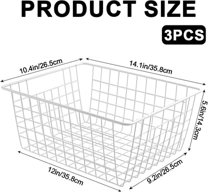 White Wire Storage Baskets,11.1"x8.7"x4.7"Wire Freezer Storage Organizer Bins Farmhouse Metal Freezer Basket with Handles for Cabinets, Pantry, Closets, Bedrooms,White,4 Pack