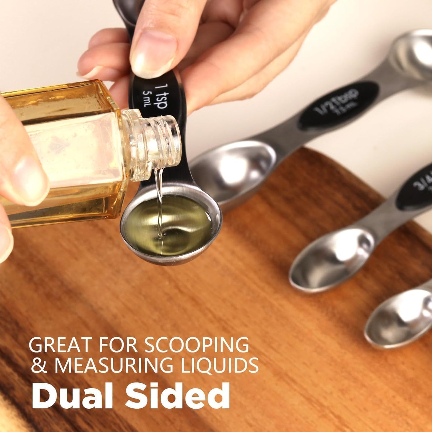 ChefAide Pack of 8 Stainless Steel Magnetic Measuring Spoons Set, Dual Sided, Stackable, Adjustable Teaspoon and Tablespoon Measure Spoon with Leveler, Kitchen Gadgets