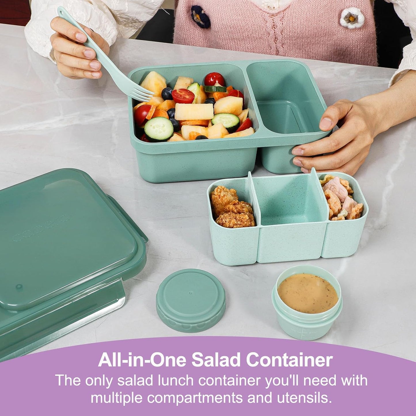 Caperci 2 Pack Salad Container for Lunch - 62 oz Large Bento Lunch Box for Adults, 2-Compartment Meal Prep Container with Removable Toppings Tray, Sauce Cup, Reusable Fork, BPA-Free (Purple & Green)