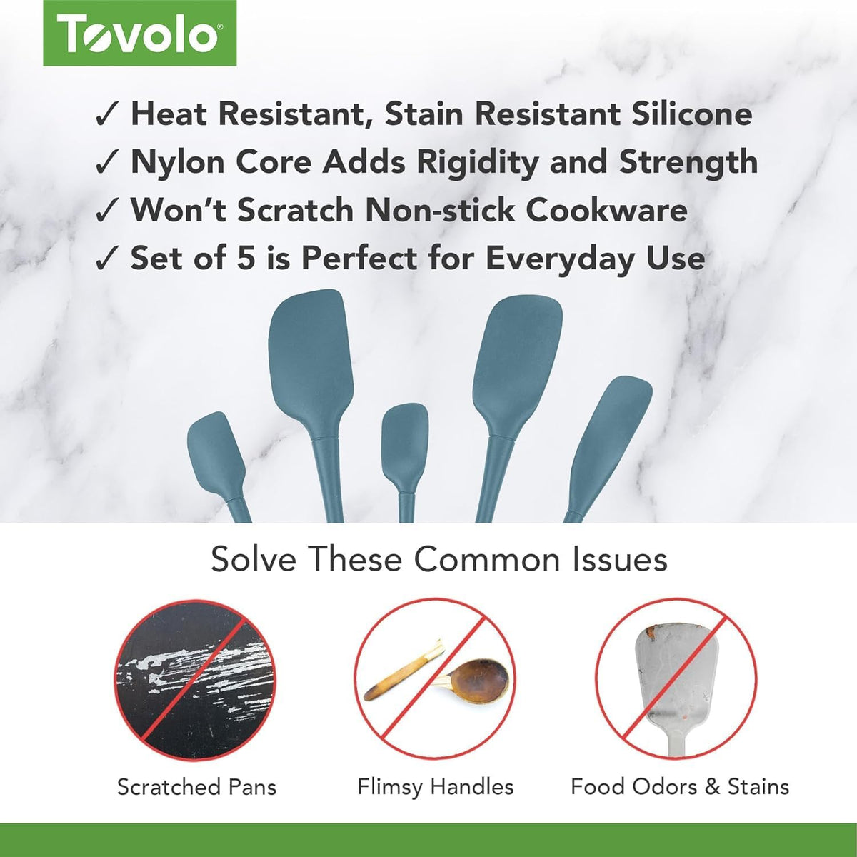 Tovolo Flex Core 5 Piece Silicone Spatula Set Heat Resistant All Silicone Utensils Include Non Stick Spatula Spoonula Jar Scraper, Dishwasher Safe BPA Free Spatulas for Baking Mixing, White