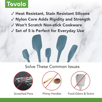 Tovolo Flex Core 5 Piece Silicone Spatula Set Heat Resistant All Silicone Utensils Include Non Stick Spatula Spoonula Jar Scraper, Dishwasher Safe BPA Free Spatulas for Baking Mixing, White