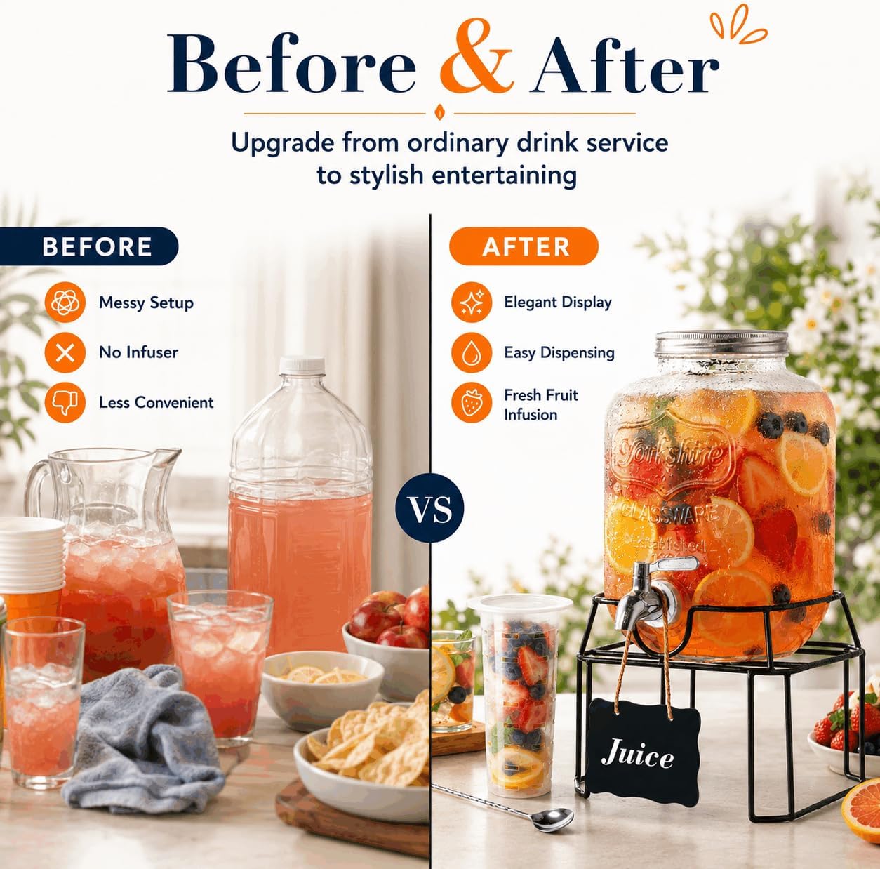 2-Pack 1-Gallon Glass Drink Dispensers with Heavy-Duty Wire Stand - 304 Stainless Steel Spigot & Mixing Spoon - 100% Leakproof Mason Jar Beverage Dispenser for Parties, Fridge, Kombucha - Wide Mouth