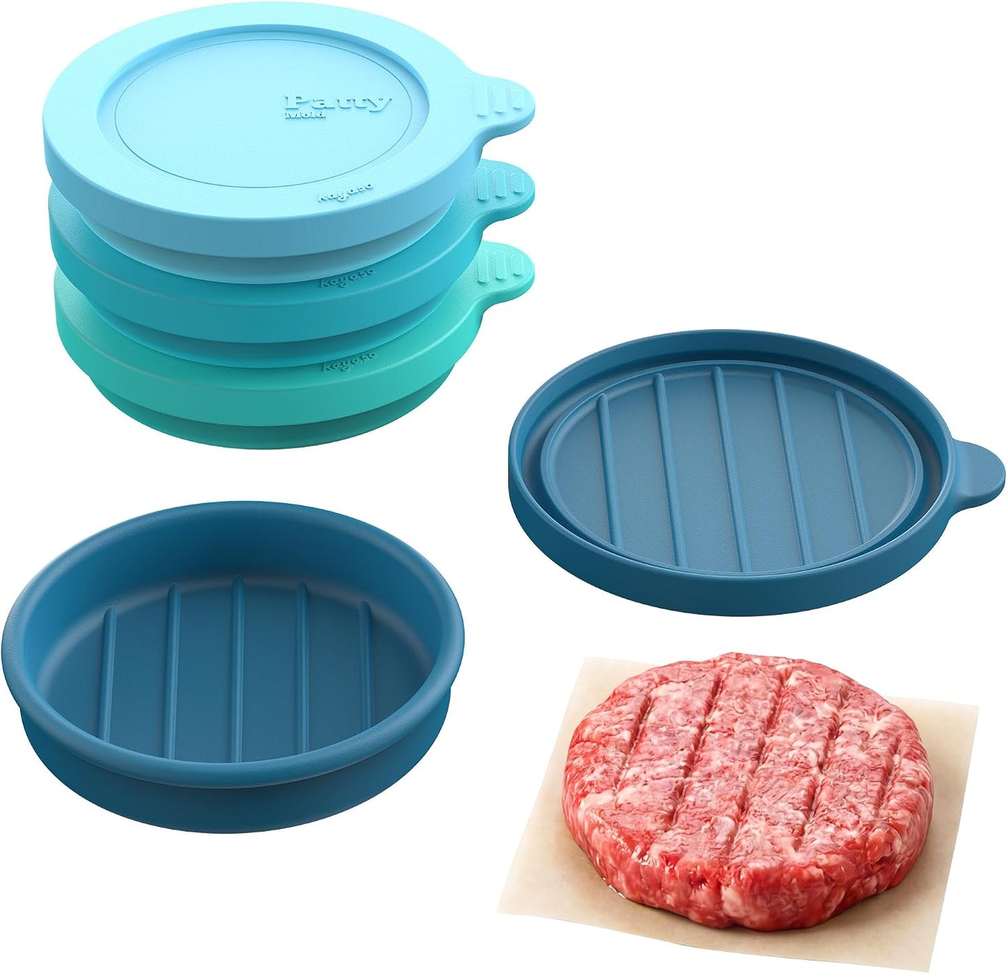 Silicone Burger Patty Mold Set with Lid, Nonstick Burger Press for 1/4 lb Patties, Food-Grade Patty Maker for Beef, Chicken & Veggie Burgers, Food Freezer Container, 4 Pack