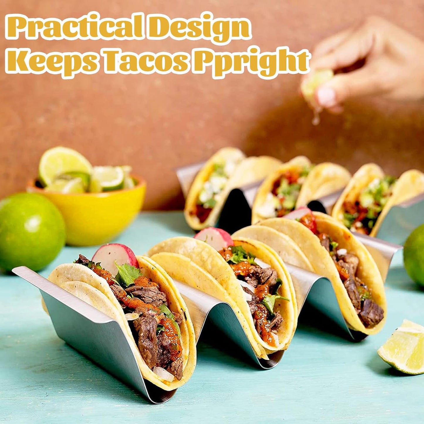 Taco Holder Stand Set of 2 - Stainless Steel Taco Shell Rack Holder with Serving Tray - Each Can Hold 3 Tortillas Stylish with Sauce Cup