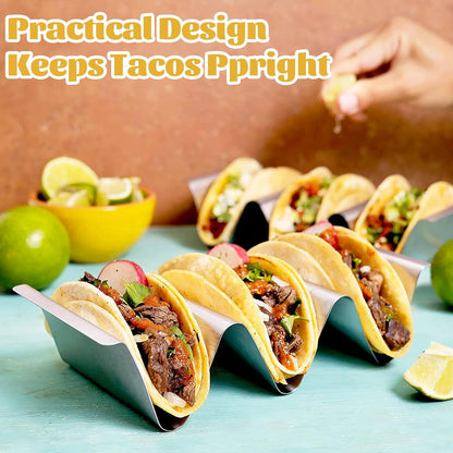 Taco Holder Stand Set of 2 - Stainless Steel Taco Shell Rack Holder with Serving Tray - Each Can Hold 3 Tortillas Stylish with Sauce Cup