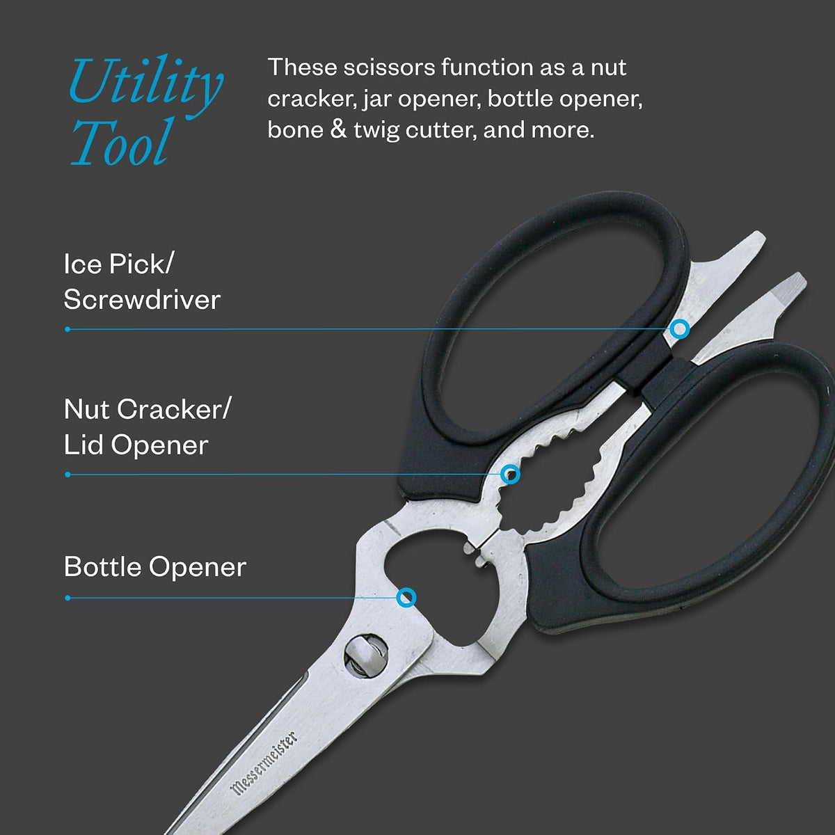 Messermeister 8-Inch Take-Apart Kitchen Scissors, Black - Includes Screwdriver, Nut Cracker, Jar Lid Opener/Gripper, Bottle Opener & Bone + Twig Cutter - Suitable for Lefties & Righties