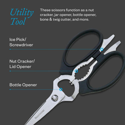 Messermeister 8-Inch Take-Apart Kitchen Scissors, Black - Includes Screwdriver, Nut Cracker, Jar Lid Opener/Gripper, Bottle Opener & Bone + Twig Cutter - Suitable for Lefties & Righties