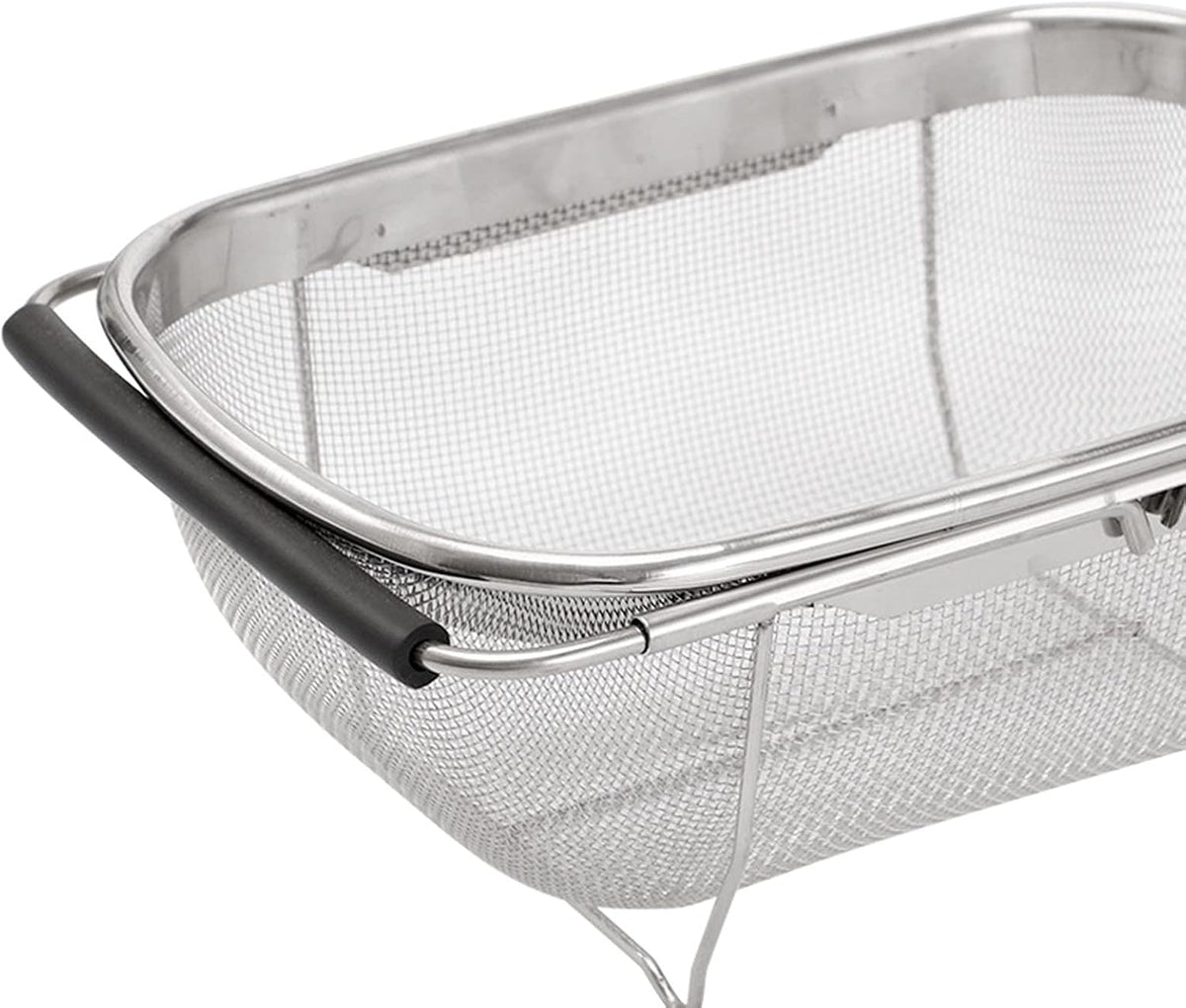 AJIODA Over The Sink Colander, 4 Quarts Stainless Steel Oval Colander with Expandable Rubber Grip Handle, Fine Mesh Strainer Baskets Kitchen Colanders for Strain, Drain, Rinse Vegetable, Fruits, Black