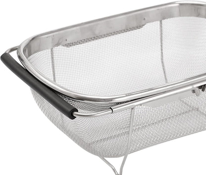 AJIODA Over The Sink Colander, 4 Quarts Stainless Steel Oval Colander with Expandable Rubber Grip Handle, Fine Mesh Strainer Baskets Kitchen Colanders for Strain, Drain, Rinse Vegetable, Fruits, Black