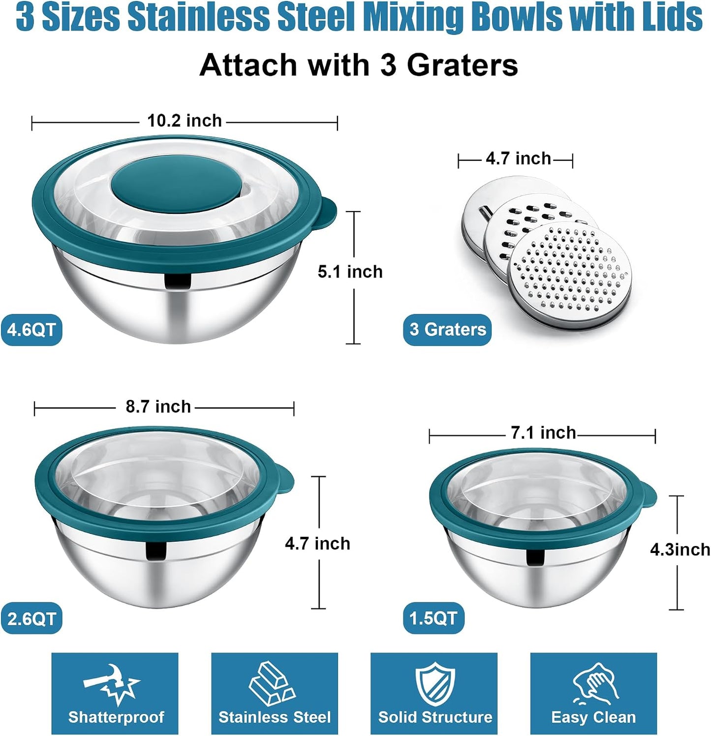 E-far Mixing Bowls Set of 5, Stainless Steel Salad Mixing Bowl with Transparent Lid, Metal Nesting Bowl Attach with 3 Graters for Kitchen Prepping/Serving/Baking/Storage, 4.6/2.6/1.5/1/0.7 QT - Black
