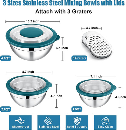 E-far Mixing Bowls Set of 5, Stainless Steel Salad Mixing Bowl with Transparent Lid, Metal Nesting Bowl Attach with 3 Graters for Kitchen Prepping/Serving/Baking/Storage, 4.6/2.6/1.5/1/0.7 QT - Black
