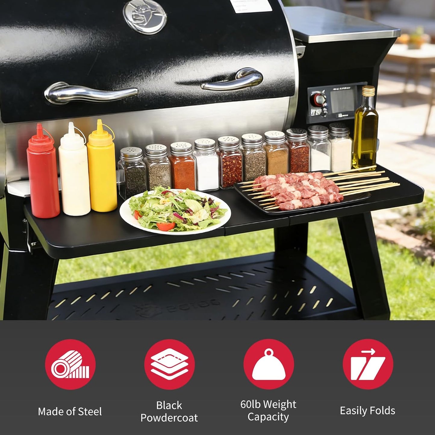 Upgraded Grill Table for Weber Kettle 22"/18"/26", Master Touch 22", Smokey Mountain, Recteq Pellet Grill RT-B380, Prep Station with Cutting Board, Basin, 4 Hooks, Shelf for Weber Kettle Accessories