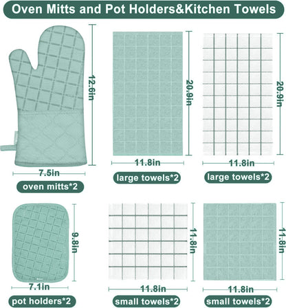 Oven Mitts Kitchen Towels and Dishcloths Pot Holders Sets, Oven Gloves Kitchen Dish Towels 500 Degree Heat Resistant Potholders with Non-Slip Silicone Surface for Cooking, Grilling, Baking-Gray