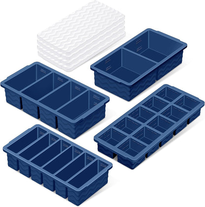 Silicone Freezer Trays with Lid (4-Pack), 1-Cup, 2-Cup, 1/2-Cup & 2-Tbsp Silicone Freezer Molds, Stackable Soup Freezer Meal Prep Containers,Ice Cube Tray for Making Sauce,Smoothies,Yogurt Bites