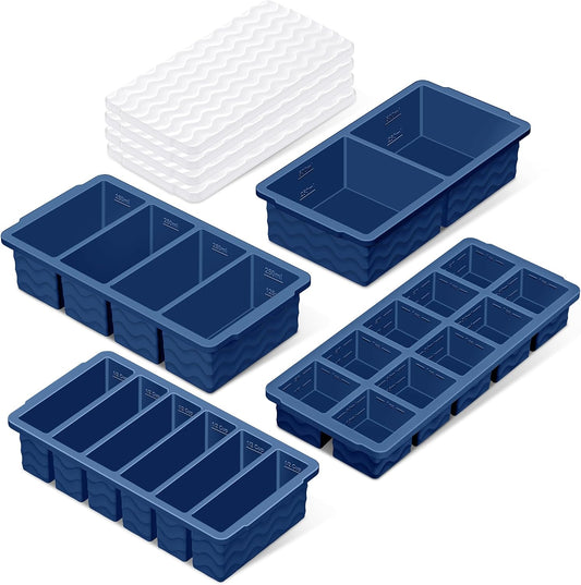 Silicone Freezer Trays with Lid (4-Pack), 1-Cup, 2-Cup, 1/2-Cup & 2-Tbsp Silicone Freezer Molds, Stackable Soup Freezer Meal Prep Containers,Ice Cube Tray for Making Sauce,Smoothies,Yogurt Bites