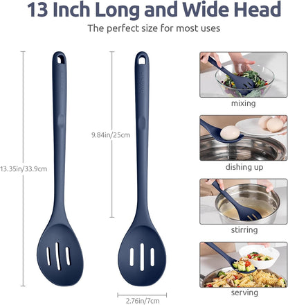 600ºF Heat Resistant Silicone Spoons: U-Taste 13.3in Solid & Slotted Kitchen Cooking Tool, Nonstick Long Rubber Utensil, Sturdy for Mixing, Serving, Stirring, Frying, Basting (Aqua Sky, 2PCS)