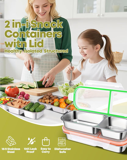 2Pack Stainless Steel Snack Containers for Kids Adults, Reusable 3 Compartment Snackle Box Container with Leakproof Lids Metal Bento Lunch Boxs Food Storage Containers for Travel Picnics Office School