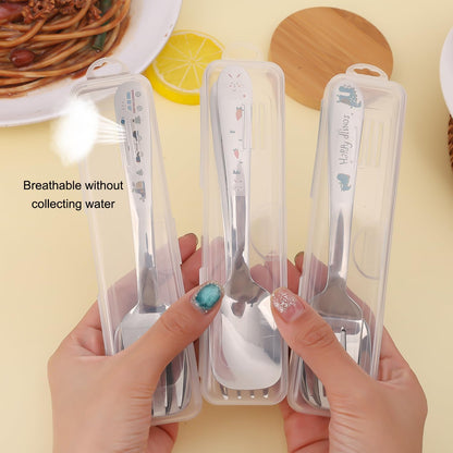 Cute Cartoon Spoon Fork Dinnerware Sets with Case Cute Kawaii Portable Travel Stainless Steel Cutlery Set Kitchen Utensils Tableware (Monsters,16.5x4cm)