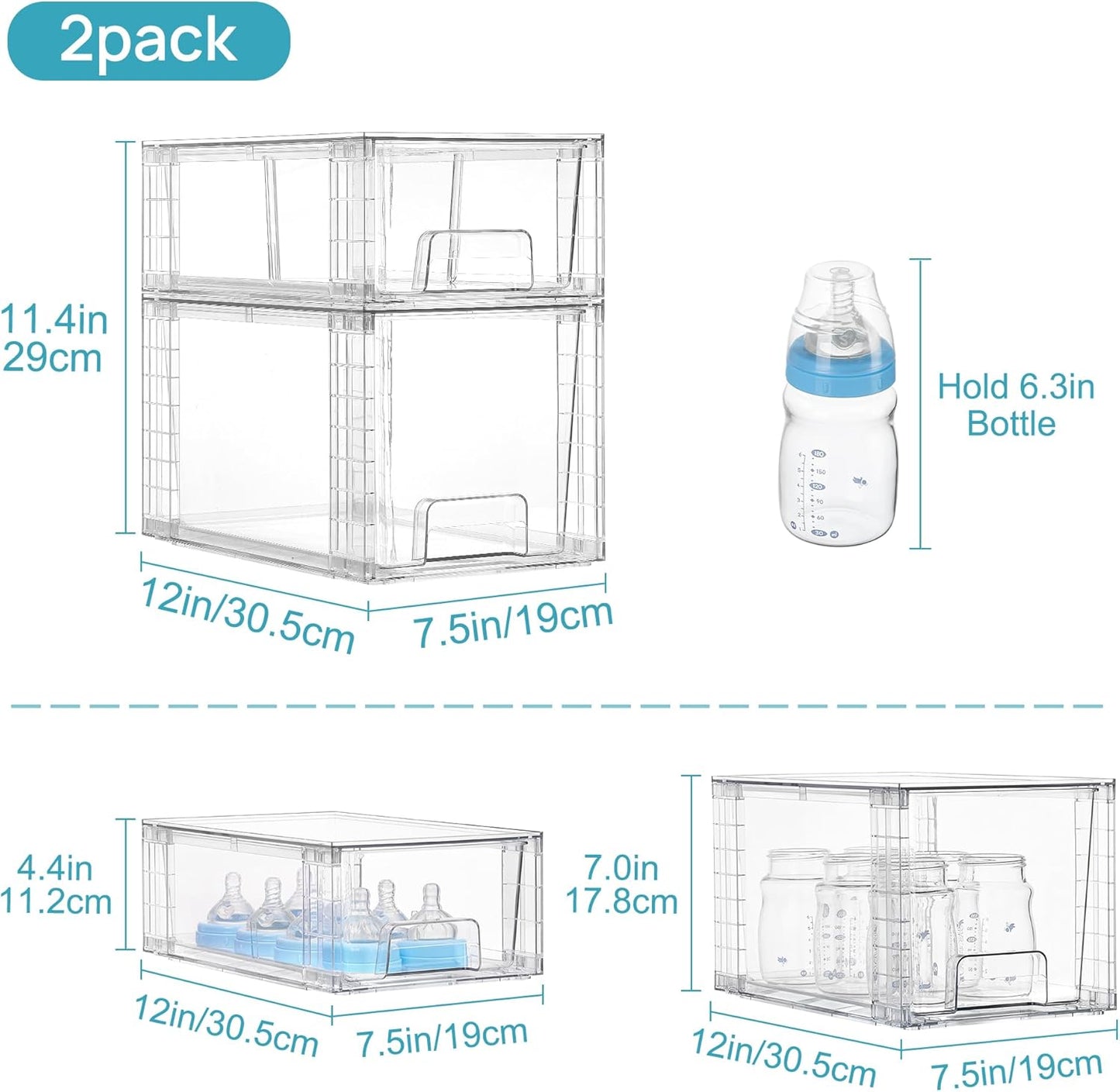Vtopmart 4 Pack Clear Stackable Storage Drawers,Under Sink and Kitchen Organizers Storage,Easy to Assemble Plastic Drawers for Baby Bottle,Medicine, Bathroom,Cabinet and Pantry Organization