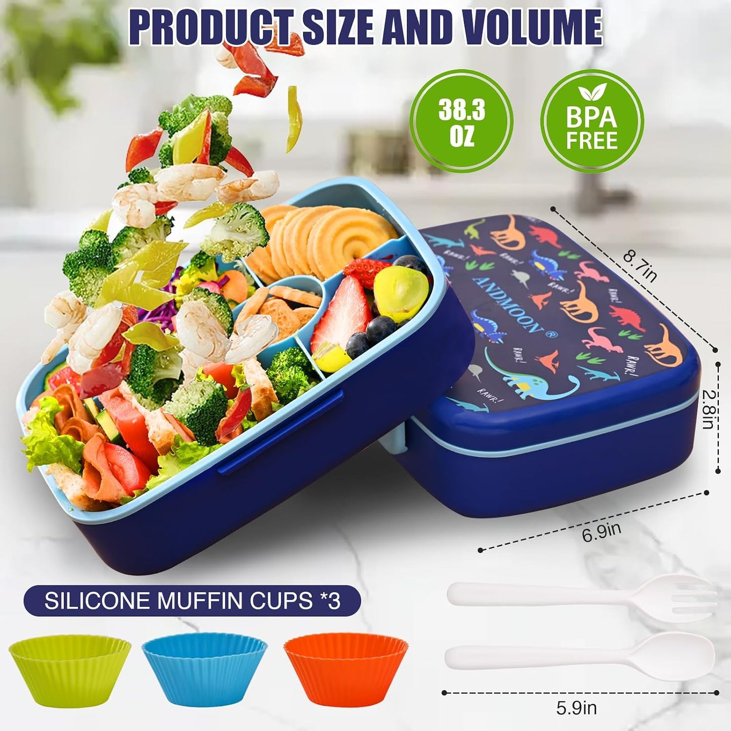 Bento Box for Kids Lunch Box Leak-Proof, Bento Lunch Box with 5 Compartments, Lunch Containers with 3 Silicone Baking Cups, Microwave/Dishwasher Safe (43OZ) (Pink with snack cup)
