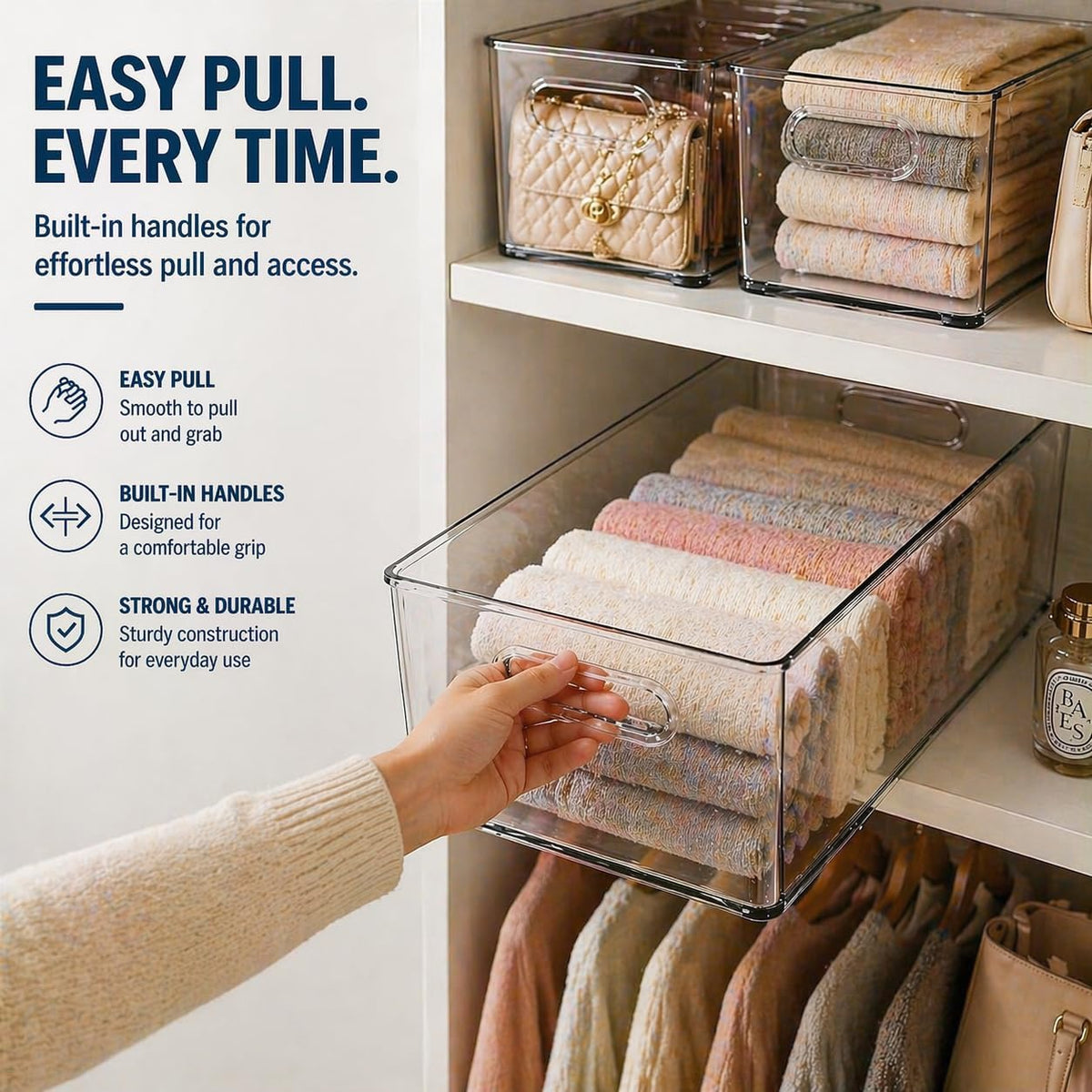 MOONEDGE 4 Pack Clear Plastic Organizer Bins, 2 Large & 2 Small Storage Set | Storage Bins for Pantry, Space-Saving Organizer Containers for Cabinets, Under-Sink, Bathroom, Kitchen, Freezer, Home Storage