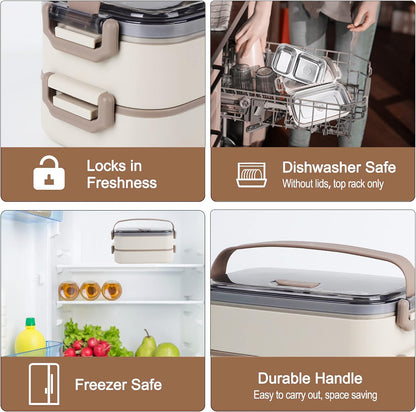 Stainless Steel Bento Box for Adults&Kids,Japanese Leakproof Lunch Box Divided Food Meal Storage Containers Set Stackable 2 Layer for Children School Picnic Beige