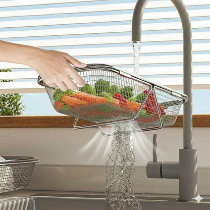 Large Adjustable Over-the-Sink Expandable Dish Drying Rack with Stainless Steel Drain Basket, Telescopic Space-Saving Kitchen Organizer for Fruits & Vegetables