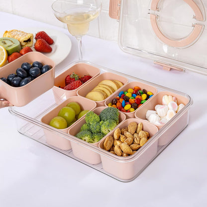 U-QE Dishwasher Safe Snackle Box Container with 8 Small Snacks Box - Premium Ivory Plastic Divided Serving Tray with Lid and Handle for Snack, Veggie, Fruits, Perfect for Party, Picnic, Entertaining