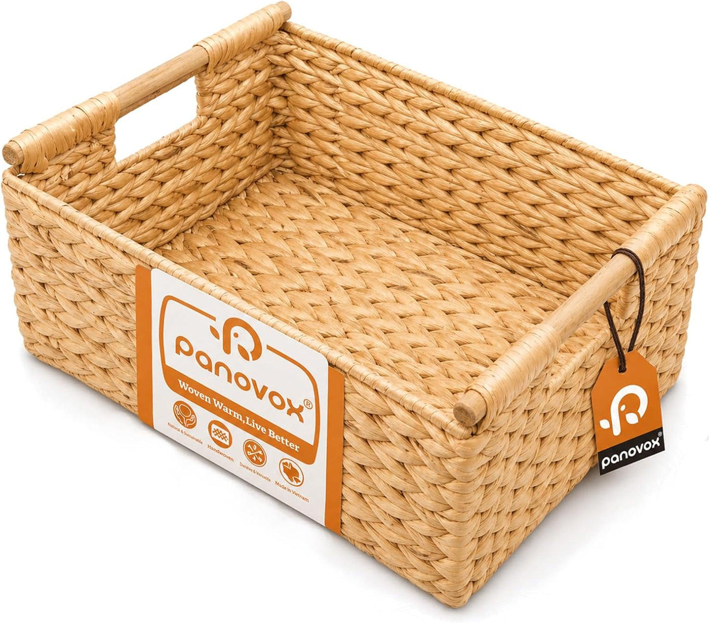 Water Hyacinth Wicker Basket, 13.39*9.45*4.65 Inch Woven Basket with Handles, Wooden Handles Wicker Storage Basket, Rattan Basket for Decorative Baskets, Pantry, Shelves, Gift, Toys - Medium