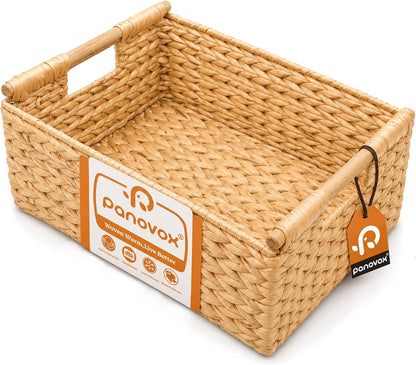 Water Hyacinth Wicker Basket, 13.39*9.45*4.65 Inch Woven Basket with Handles, Wooden Handles Wicker Storage Basket, Rattan Basket for Decorative Baskets, Pantry, Shelves, Gift, Toys - Medium