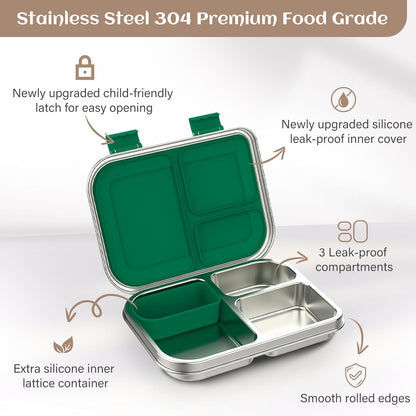 BABHAMNESS Stainless Steel Bento Box Kids, 3 Compartments Leak Proof Metal Bento Lunch Box, 304 Stainless Steel Bento Lunch Containers for School and Office,Dishwasher Safe, BPA-Free-Pink