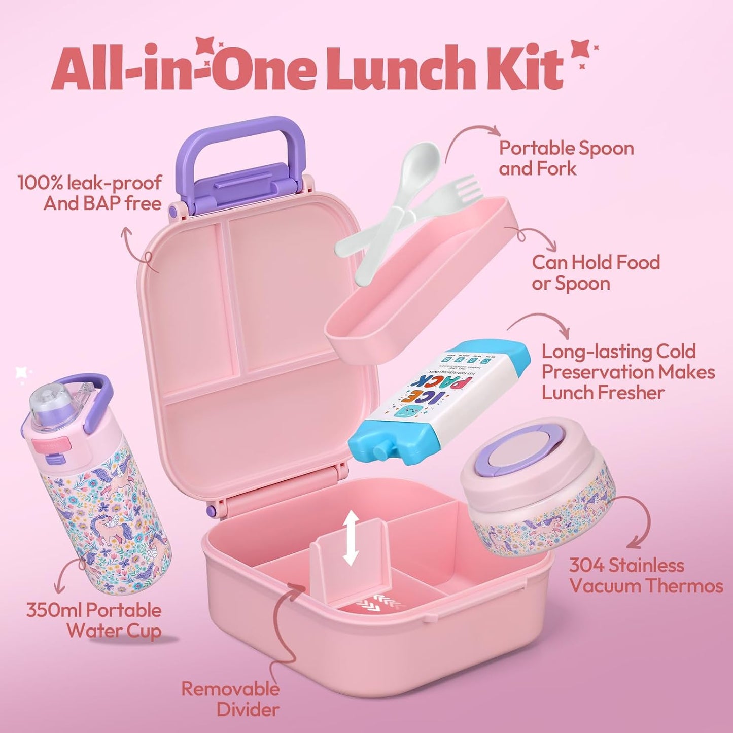 Itslife Bento Box for Kids Set, Insulated Food Container,Kids Lunch Box, 7 oz Thermos for Hot Food, 12 oz Thermos Water Bottle, Reusable Insulated Ice Bag & Fork Spoon Utensils Camping Travel Pink