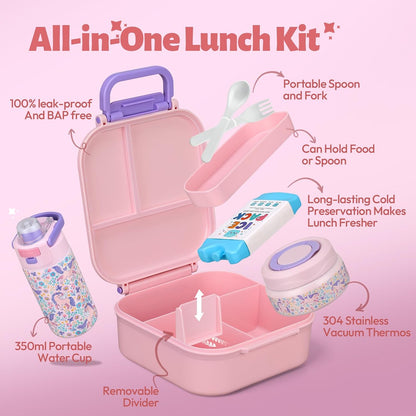 Itslife Bento Box for Kids Set, Insulated Food Container,Kids Lunch Box, 7 oz Thermos for Hot Food, 12 oz Thermos Water Bottle, Reusable Insulated Ice Bag & Fork Spoon Utensils Camping Travel Pink