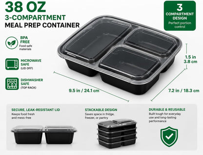 3 Compartment Food Containers with Lids, 25 Pack, 38 Oz Take Out Containers, Reusable Meal Prep Containers, Microwave Safe Lunch Boxes, Food Storage Containers for Catering, Restaurant & To Go Meals