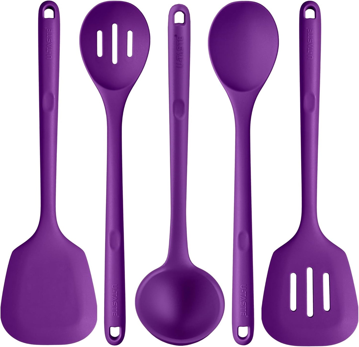 600ºF Heat Resistant Kitchen Utensil: U-Taste 13.6" Extra Long Silicone Cooking Tools Set, Food-Grade Non-Stick Solid and Slotted Turner Spatula, Mixing Spoon, and Soup Ladle (5 Pieces, Aqua Sky)
