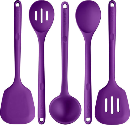 600ºF Heat Resistant Kitchen Utensil: U-Taste 13.6" Extra Long Silicone Cooking Tools Set, Food-Grade Non-Stick Solid and Slotted Turner Spatula, Mixing Spoon, and Soup Ladle (5 Pieces, Aqua Sky)