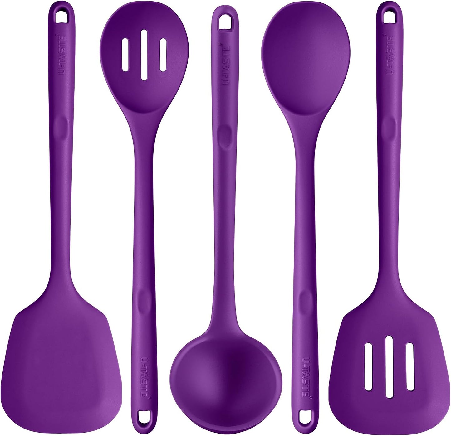 600ºF Heat Resistant Kitchen Utensil: U-Taste 13.6" Extra Long Silicone Cooking Tools Set, Food-Grade Non-Stick Solid and Slotted Turner Spatula, Mixing Spoon, and Soup Ladle (5 Pieces, Aqua Sky)