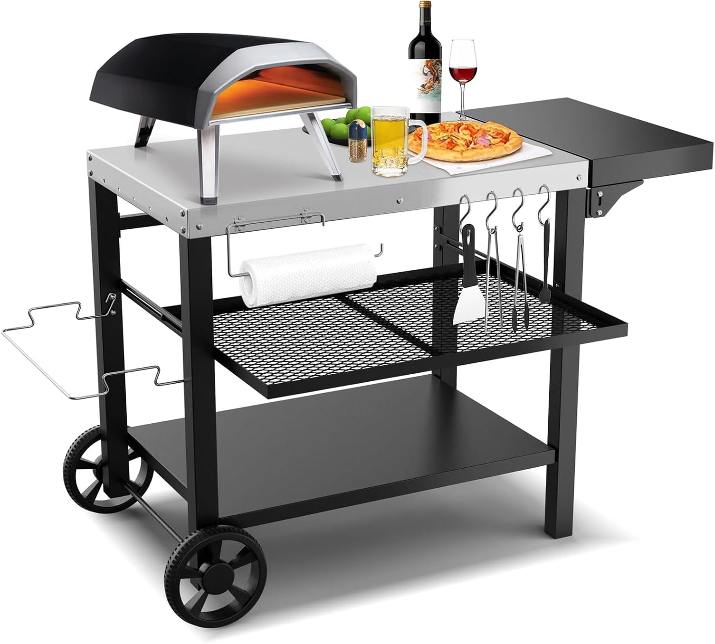 Upgraded Pizza Oven Cart Table for Ooni Koda/Karu/Fyra 16 & 12, Movable Thicken & Widen Rolling Kitchen Cart, Outdoor Grill Stand for Ninja Woodfire,Blackstone Griddle,Barbecue Tool Set