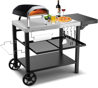 Upgraded Pizza Oven Cart Table for Ooni Koda/Karu/Fyra 16 & 12, Movable Thicken & Widen Rolling Kitchen Cart, Outdoor Grill Stand for Ninja Woodfire,Blackstone Griddle,Barbecue Tool Set