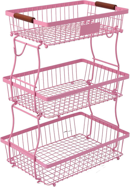 2-Tier Stackable Wire Basket with 2 Banana Hooks, Pantry Organizer for Kitchen Countertops, Cabinets & Under-Sink Spaces; Ideal for Storing Snacks, Fruits, Veggies, Onions, Potatoes, & More,Black