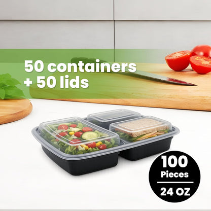 Uni-Pak 50 Pack (100-Piece) Meal Prep Containers with Lids, Reusable 3-Compartment 24 oz BPA-Free Food Storage, Sturdy Leakproof & Food Safe, Microwave Freezer Dishwasher Safe