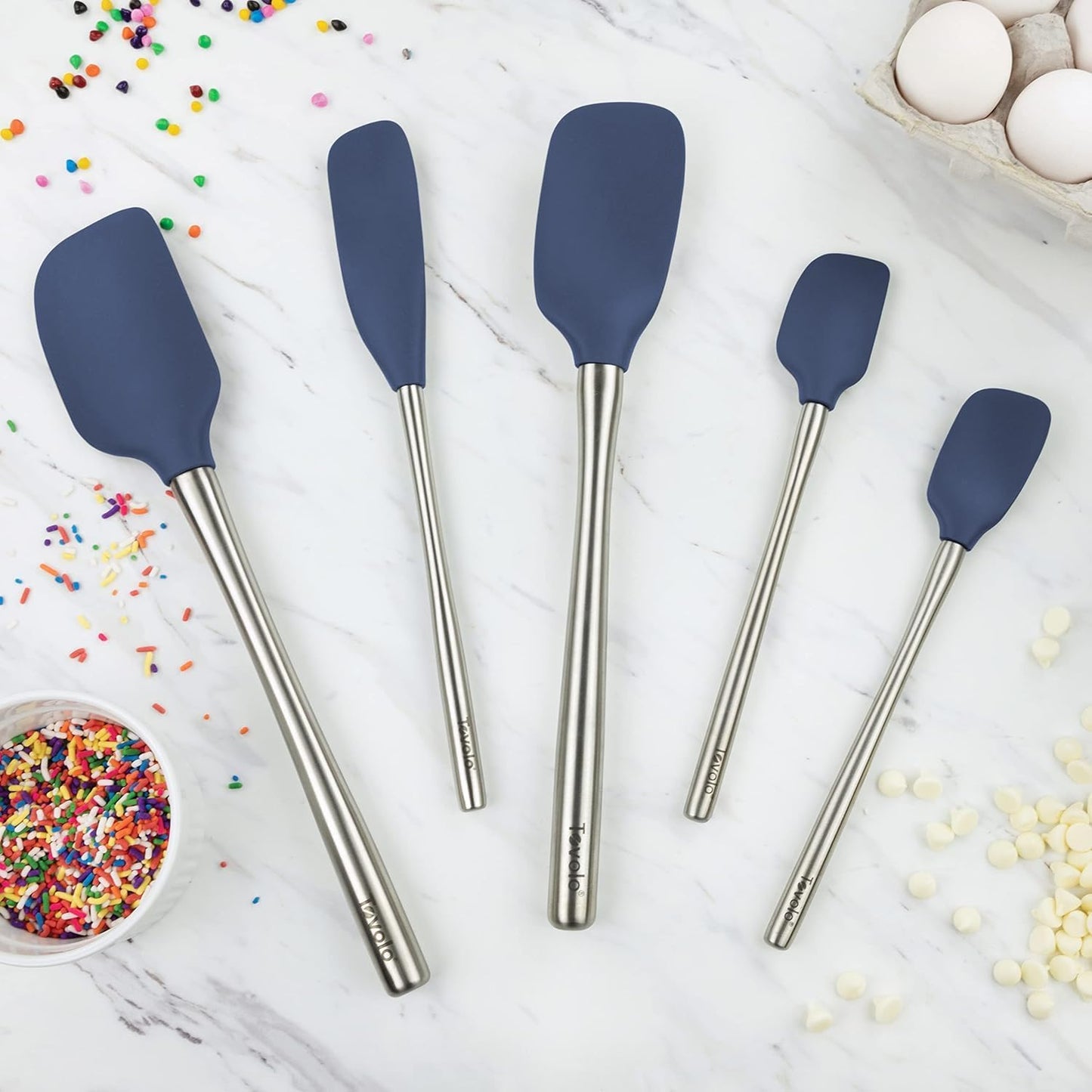 Tovolo Flex Core 5 Piece Silicone Spatula Set Heat Resistant All Silicone Utensils Include Non Stick Spatula Spoonula Jar Scraper, Dishwasher Safe BPA Free Spatulas for Baking Mixing, White