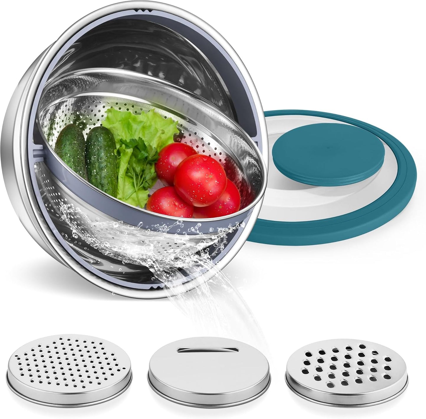 E-far Colander with Mixing Bowl Set, 4-1 Stainless Steel Colander Strainers Bowl with Graters for Kitchen, Rotatable Food Strainer Bowl for Rinsing Fruits Vegetables/Draining Pasta - Black