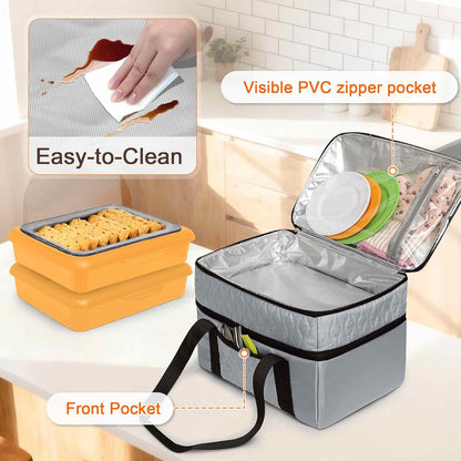 Trunab Insulated Casserole Carrier Bag for Hot Food, Double Deck Food Containers, Fit 9x13 Foil Pan, Baking Dish, For Picnic Cookouts, Potluck Parties, Beach