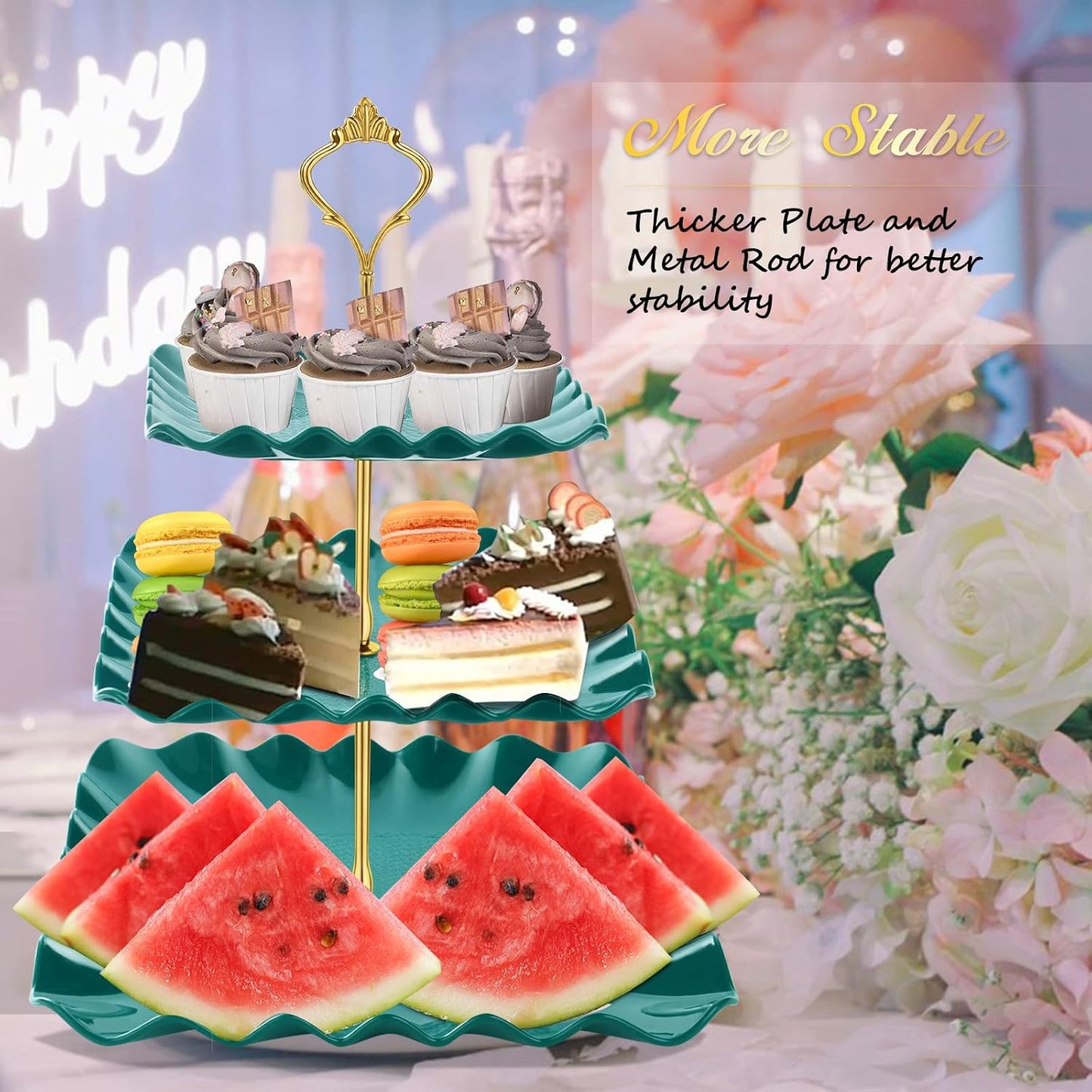 DAFURIET Dessert Cupcake Stand, 3 Tier Cup Cake Holder Tower for Tea Party/Birthday/Wedding, Plastic Tiered Serving Tray with Metal Rod, White