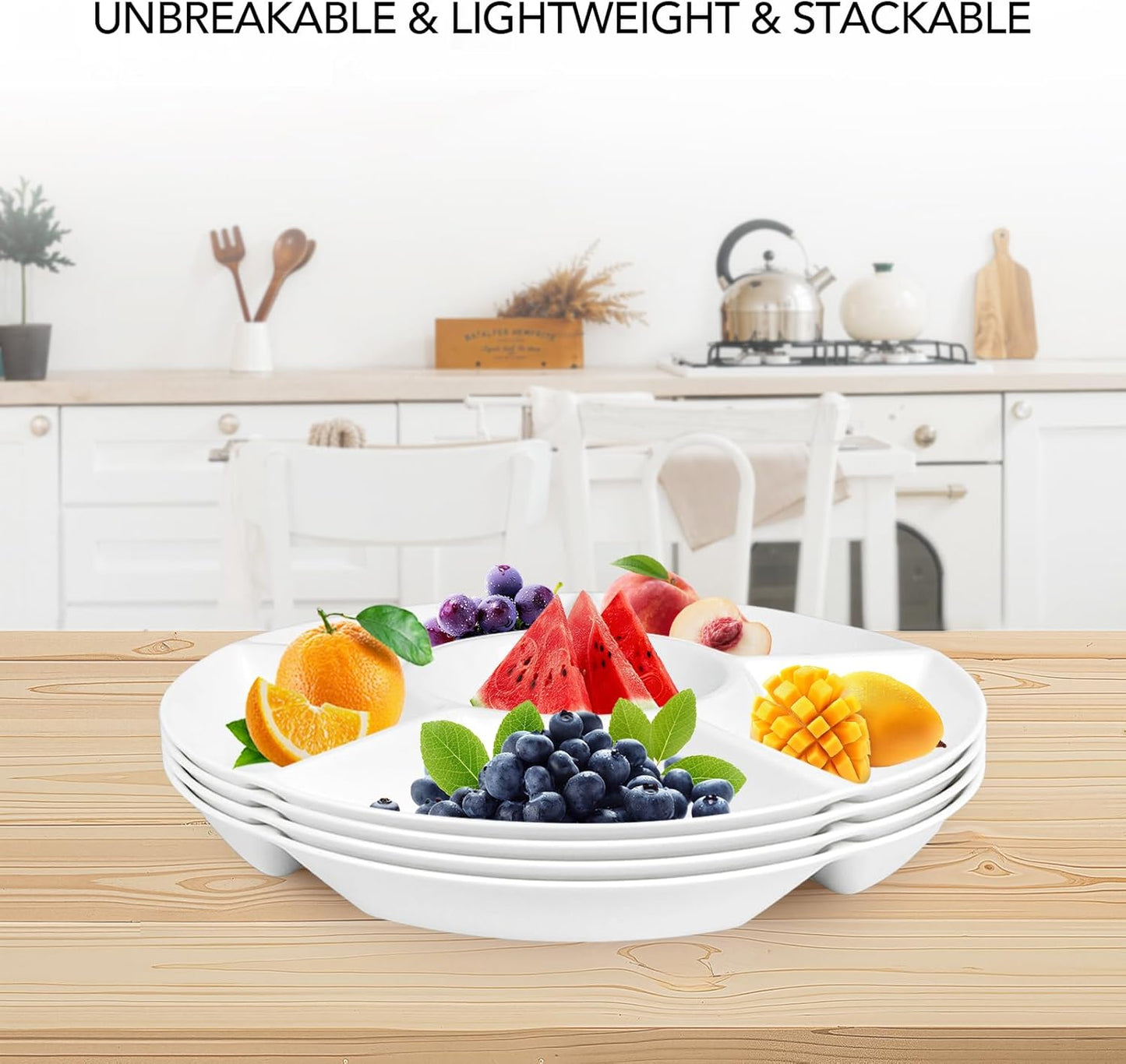 4 Pcs 12.4" Large Divided Serving Trays for Party Supplies, 6 Compartments Round Plastic Platters for Serving Food, Unbreakable Reusable Trays for Snack, Veggie, Fruit, Candy, White