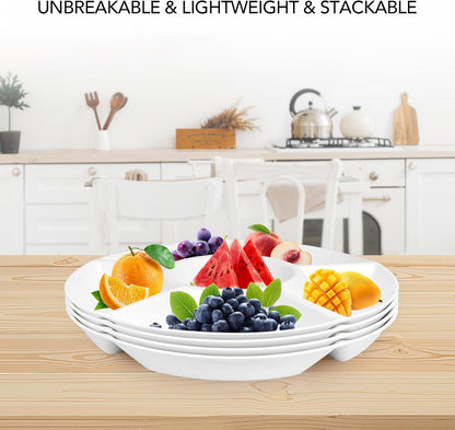 4 Pcs 12.4" Large Divided Serving Trays for Party Supplies, 6 Compartments Round Plastic Platters for Serving Food, Unbreakable Reusable Trays for Snack, Veggie, Fruit, Candy, White