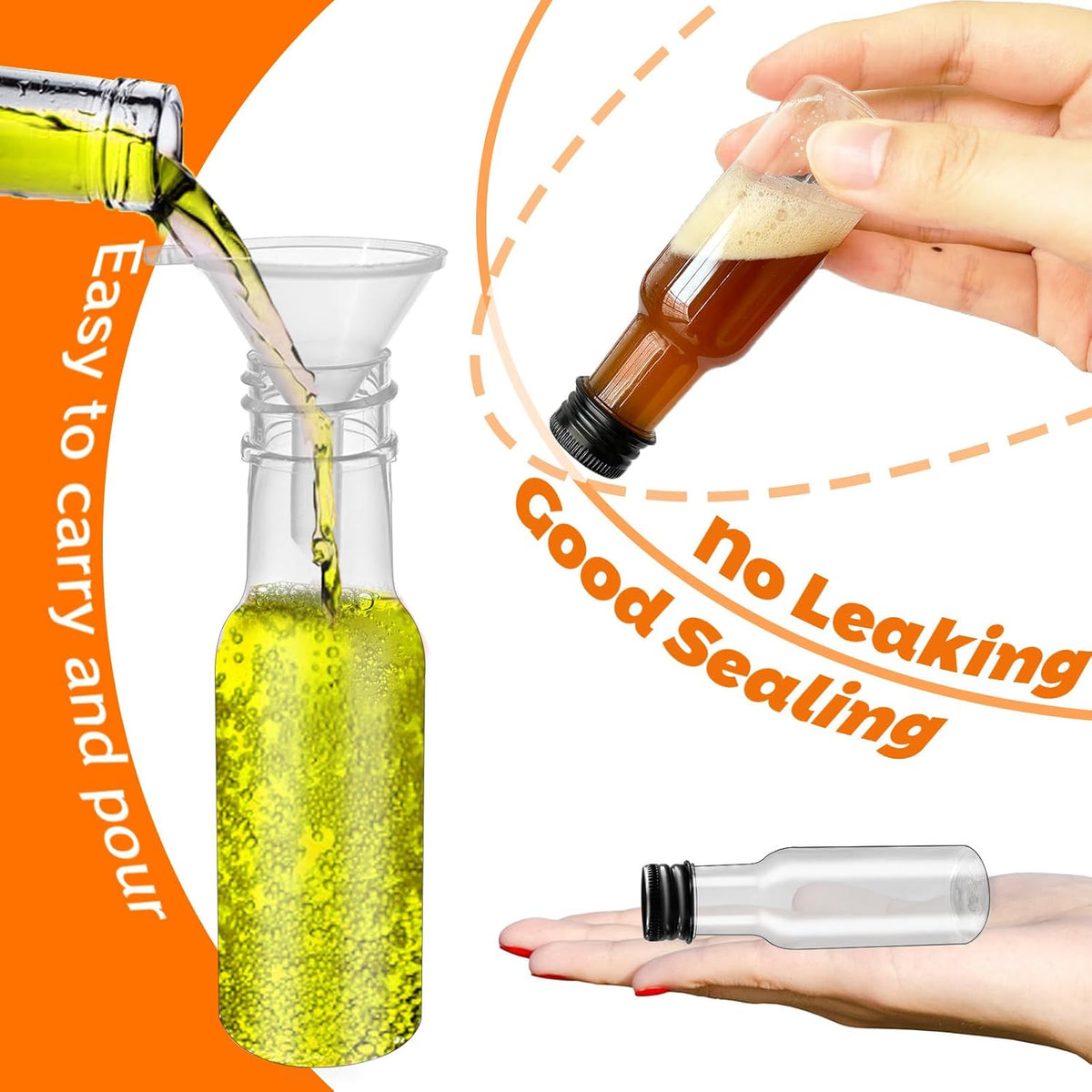 1.7oz Mini Liquor Bottles,50ml Plastic Spirit Alcohol Bottle with Black Cap,Miniature Sauce Bottles with 10 Funnels for Weddings,Party Supplies
